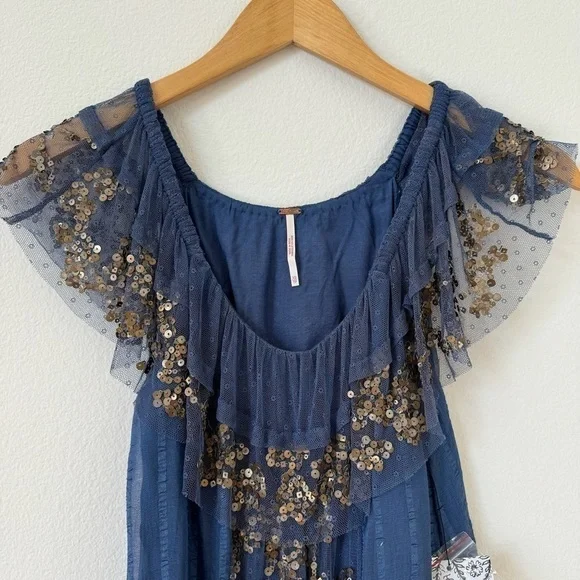 Free People Elisas Off the Shoulder Gold Sequin Blue Top XS SAMPLE - Picture 5 of 15